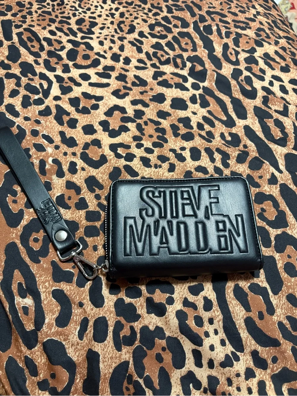 Steve Madden Black Embossed Logo Wristlet Card Holder